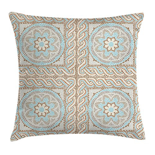 Ambesonne Antique Throw Pillow Cushion Cover, Mosaic Tile Design with Floral Elements Twists and Colorful Circular Pattern, Decorative Square Accent Pillow Case, 18" X 18", Cream Brown Blue