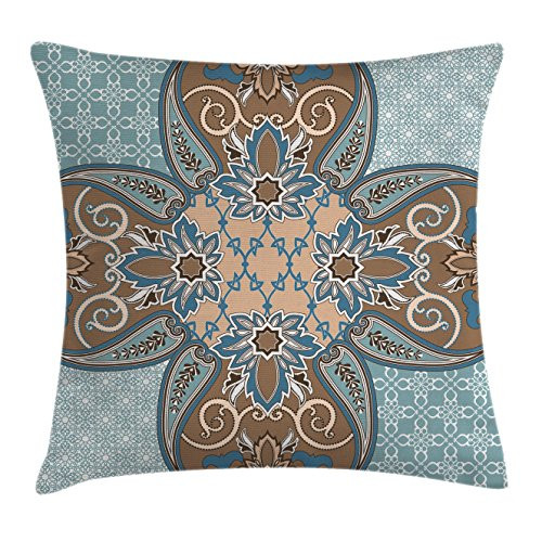 Ambesonne Orient Throw Pillow Cushion Cover, Style Geometric Pattern Persian Art Elements and Baroque Touch Artwork, Decorative Square Accent Pillow Case, 18" X 18", Brown Teal
