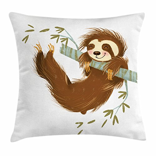 Ambesonne Sloth Throw Pillow Cushion Cover, Happy Cheerful Animal Swinging on Tree Branch Hand Drawn Cartoon Illustration, Decorative Square Accent Pillow Case, 18" X 18", Brown Khaki Grey