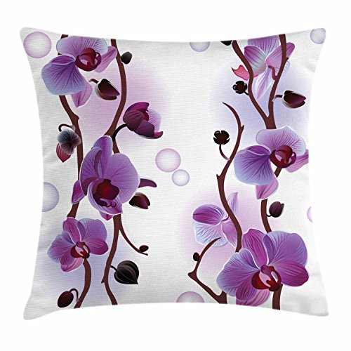 Lunarable Violet Throw Pillow Cushion Cover, Gentle Orchids with Branches Floral Pattern Spring Summer Season Foliage, Decorative Square Accent Pillow Case, 18" X 18", Brown Violet White