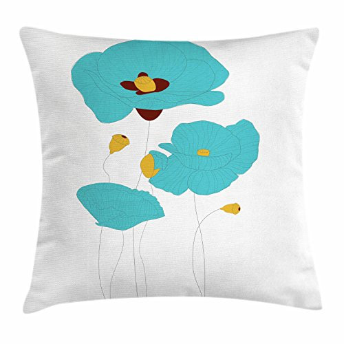 Lunarable Poppy Flower Throw Pillow Cushion Cover, Illustration of Flourishings Bouquet Coming of The Spring, Decorative Square Accent Pillow Case, 18" X 18", Pale Brown Turquoise