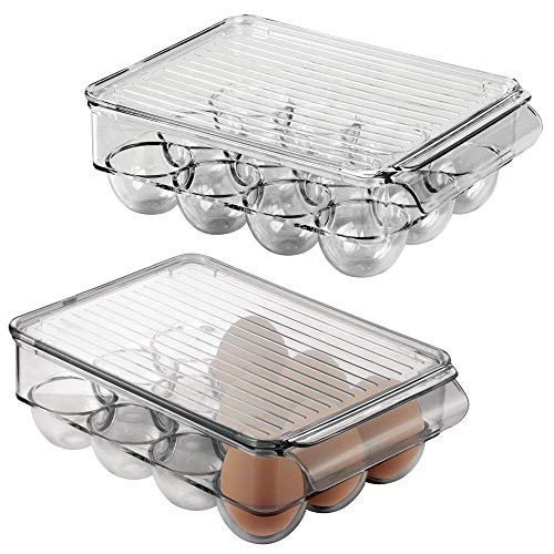 mDesign Stackable Plastic Covered Egg Tray Holder, Storage Container and Organizer for Refrigerator, Carrier Bin with Lid with Handle - Holds 12 Eggs - 2 Pack - Smoke Gray