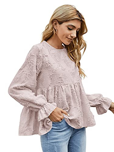 Romwe Women's Flounce Long Sleeve Babydoll Tops Round Neck Ruffle Hem Shirts Blouses Dusty Pink L