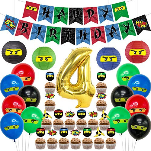 Ninja 4th Birthday Party Supplies Decorations - Ninja Happy Birthday Banner 24 Cupcake Toppers Ninja Balloons Stickers for Boys Ninja Warrior Themed Birthday