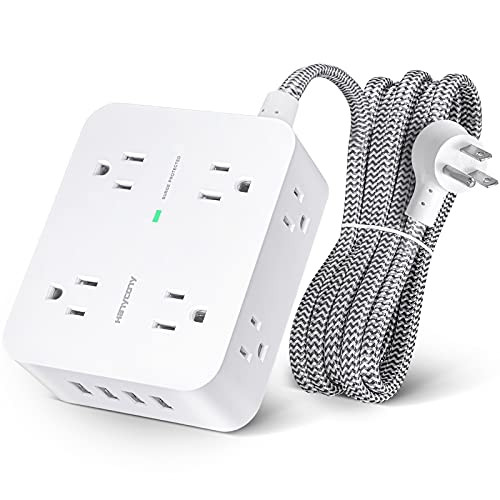 Surge Protector Power Strip - 8 Widely Outlets with 4 USB Charging Ports, 3 Side Outlet Extender with 5Ft Braided Extension Cord, Flat Plug, Wall Mount, Desk USB Charging Station for Home Office