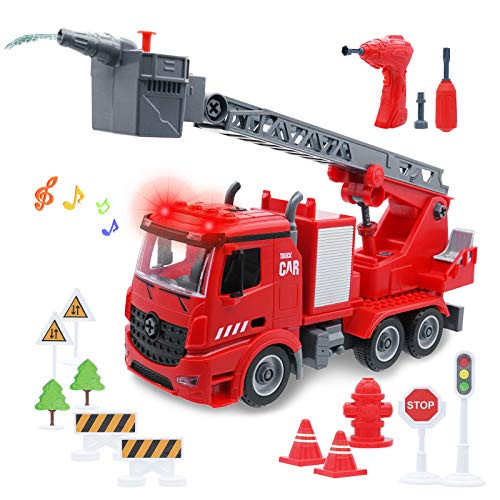 KANKOJO Take Apart Fire Truck Toys with Lights  and  Sirens, Friction Powered Car Rescue Fire Trucks with Extending Rotating Ladder  and  Water Tank, Fire Engine Trucks Firefighter Toy Truck for Kids Toddlers