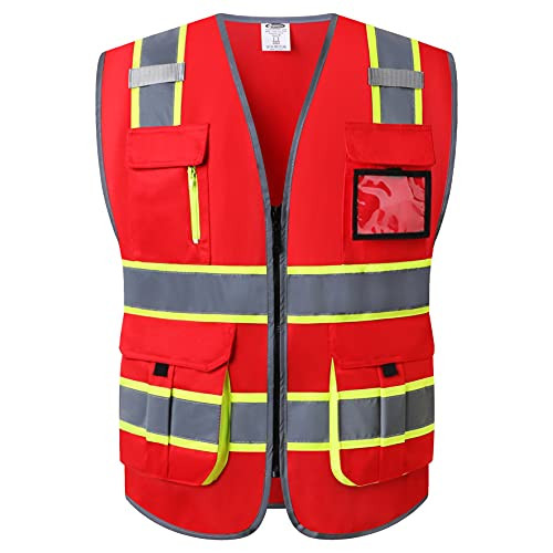 JKSafety 9 Pockets High Visibility Zipper Front Red Safety Vest With Reflective Strips.Meets ANSI/ISEA Standards -X-Large, 130-Red-
