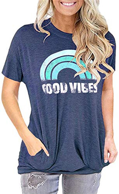 onlypuff Navy Blue Pocket Tee Shirts for Women Good Vibes Short Sleeve Tunic Tops Casual Blouse S