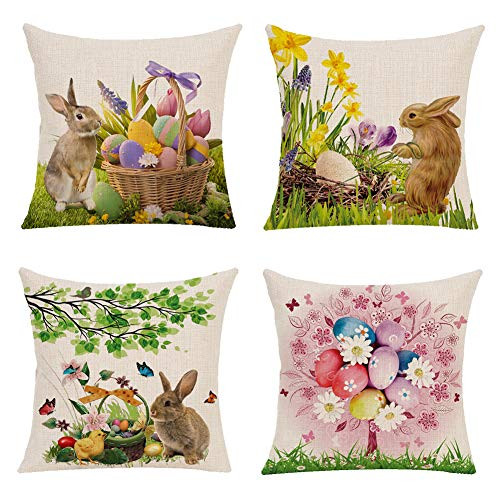 Easter Bunny Throw Pillow Covers 18 x 18 Inch Rabbit Cushion Cover Easter Egg Pillowcase Hidden Zipper for Home Car Decor Set of 4 Easter Bunny Throw Pillow Covers 18 x 18 Inch Rabbit Cushion Cover Easter Egg Pillowcase Hidden Zipper for Home Car Decor Set of 4