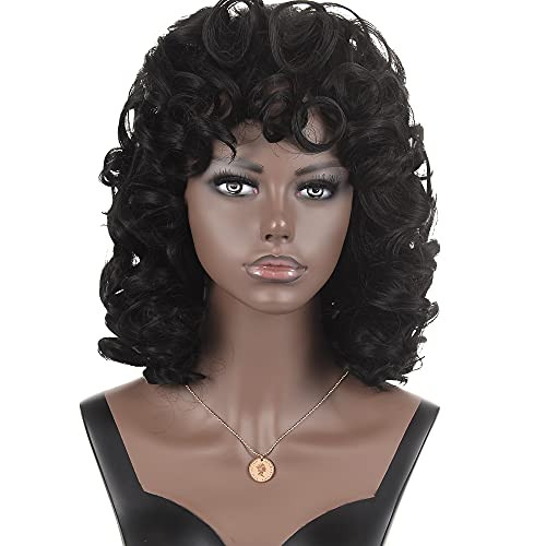 WHflowers Short Curly Kinky Wigs for Black Women Big Bouncy Fluffy Wavy Synthetic Hair Wig With Bangs Heat Resistant Afro Wigs With Cap For Daily Party Cute Fashion Natural Looking Wigs-Black-
