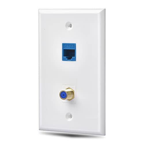 HuaHengHT 1 Packs Ethernet Coax Wall Plate 1 Cat6 Ethernet Port and 1 Gold-Plated Cable TV Coax F Type Port RJ45 Wall Jack Plate -Blue-