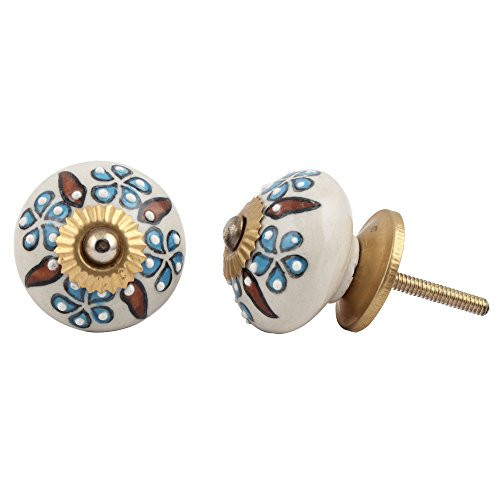 IndianShelf 2 Piece Handmade Turquoise Ceramic Flower Leaf Dresser Knobs Drawer Cabinet Kitchen Wardrobe Door Pulls Handles