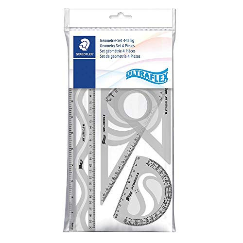 Staedtler 569  Polybag 1 Set of Flexible and Unbreakable Geometry -Ruler 30 cm, Protractor 10 cm, Brackets 60/30  and  45/45- Assorted Colours