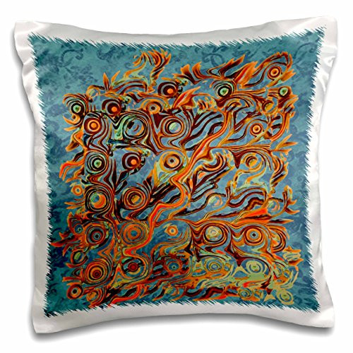 3dRose Abstract Tree Roots in Hues of Orange Gold and Brown On Blue Damask Background Pillow Case, 16 x 16
