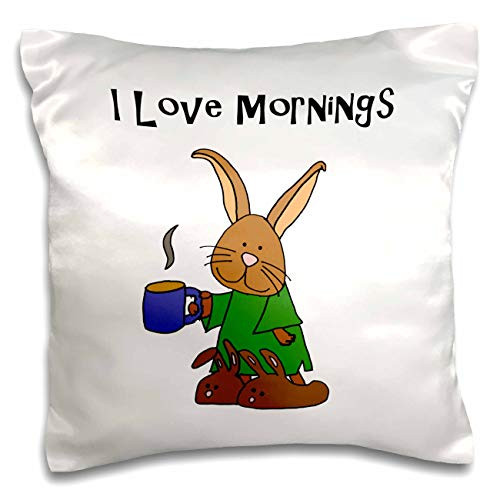 3dRose All Smiles Art - Animals - Funny Cute Brown Bunny Rabbit Drinking Coffee Loves Mornings - 16x16 inch Pillow Case -pc-307666-1-