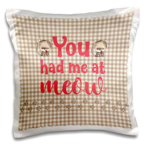 3dRose Beverly Turner Cat Design - You Had Me At Meow, Cats with Flowers, Gingham Paw Print, Brown, Red - 16x16 inch Pillow Case -pc-325224-1-