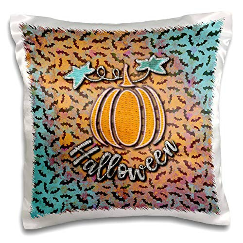 3dRose Big Orange Pumpkin with Bat Design, Happy Halloween, Aqua - Pillow Cases -pc-326293-1-