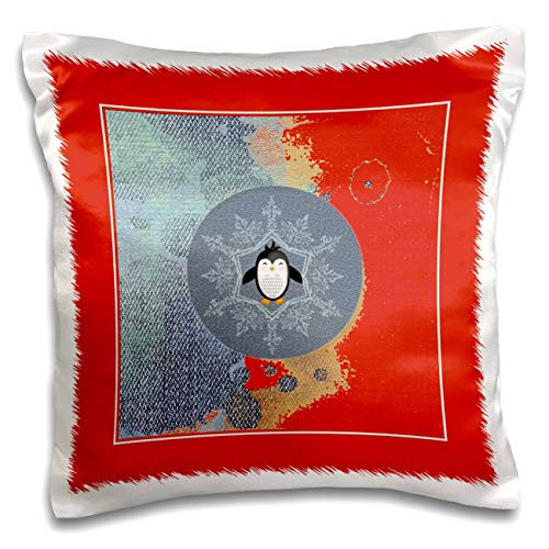 3dRose Image of Penguin in Snowflake, Abstract Red, Blue Jean, Orange. - Pillow Cases -pc-340655-1-
