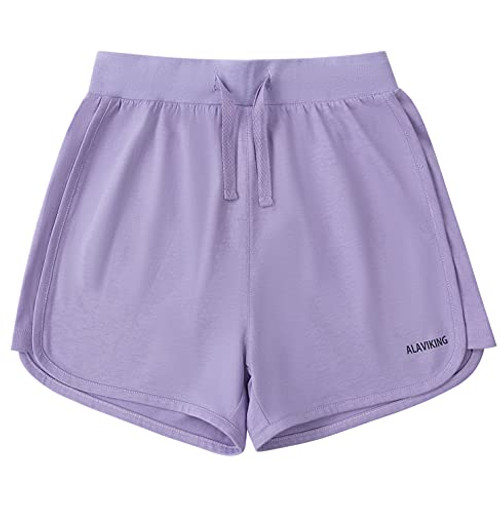 ALAVIKING Girls Cotton Shorts Athletic Running Shorts with Elastic Waistband Workout Shorts for Girls Size 3-12 Years -Lilac-XL-