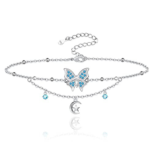 Butterfly Moon Star Ankle Bracelets for Women 925 Sterling Silver Layered Anklets Adjustable Beach Foot Anklets for Teen Girls Women Jewelry Gift