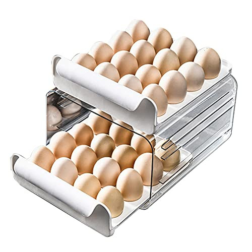 Egg Holder for Refrigerator, 32 Grid Large Capacity Drawer Type Egg Storage Container, BPA Free Fridge Egg Trays for Kitchen, Clear Thick Plastic