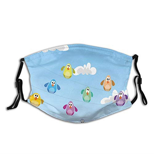 Women Men Boys Girls Dustproof,Flock Of Colorful Birds Sitting On Wires Fluffy Clouds Blue Sky Urban Cartoon Half Face Mouth Mask Breathable Mouth Muffle For, Travel, Outdoor