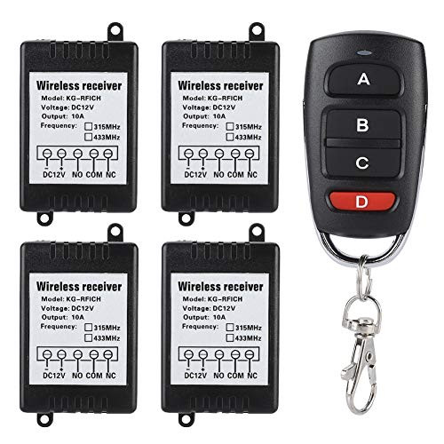 Remote Control Switch, DC 12V One-Way Wireless Remote Control System Switch Transmitter with 4pcs Receiver for Household Appliances.