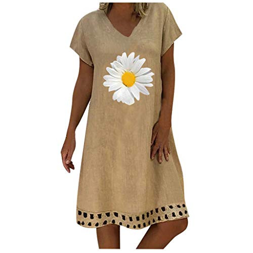 iQKA Women's Plus Size Daisy Printed Short Sleeves V-Neck Casual Short Dress Comfy Cotton Linen T-Shirt Dresses-Coffee,5XL-