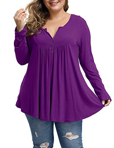 Allegrace Women's Plus Size Tunics Button Up Henley V Neck Tops Pleated Long Sleeve Tunic Shirts Purple 20W