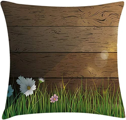 Old Street Flower Throw Pillow Cushion Cover, Digitally Drawn Daisy Field in Front of Wooden Fences Sun Foliage Theme, Decorative Square Accent Pillow Case, 18" X 18", Green Brown