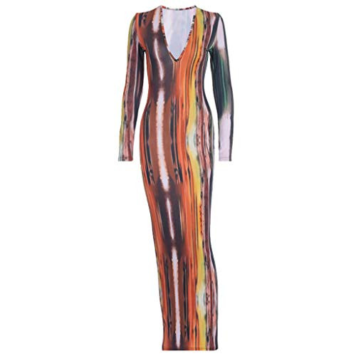 Xdodnev Women Dress, Women Long Sleeve Sexy Deep V-Neck Colorful Striped Bodycon Maxi Dress Clubwear