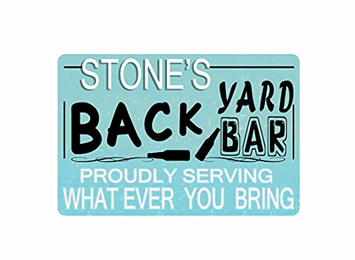 ICRAEZY Personalized Backyard Bar Tin Signs Vintage Bar Terrace Wall Decoration Blue Pool Sign Proudly Serving Whatever You Bring