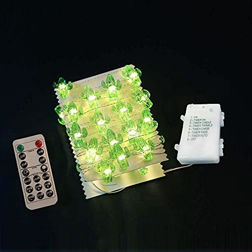 Sezrgiu Cactus Decorative String Lights 13.1 Ft 40 Warm White LED Weatherproof Battery Operated 8 Modes Bee Fairy Lights for Holiday Parties Bedrooms Weddings Gardens with Remote and Timer -Cactus-