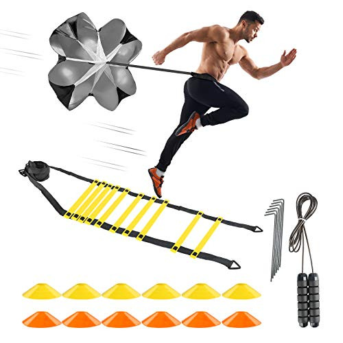 Agility Ladder with Parachute, Agility Ladder Set - Pack of 21 - Speed Training Equipment with Jump Ropes, Agility Cones, Workouts Speed and Training Set for Soccer, Football Footwork Training