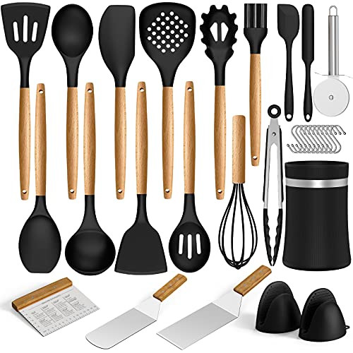 Silicone Kitchen Cooking Utensils Set, Umite Chef 31 pcs Heat Resistant Silicone Wooden Handles Cooking Utensil Spatula Set with Holder, Kitchen Gadgets Tools Set for Nonstick Cookware-Black-