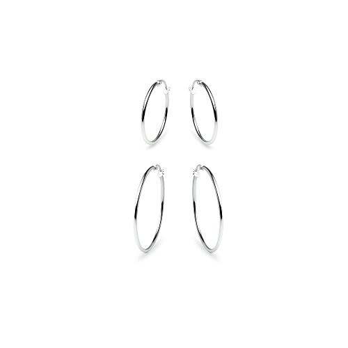2 Pair Set Sterling Silver 1.5mm Small and Medium Polished Round Hoop Earrings, 20mm 30mm