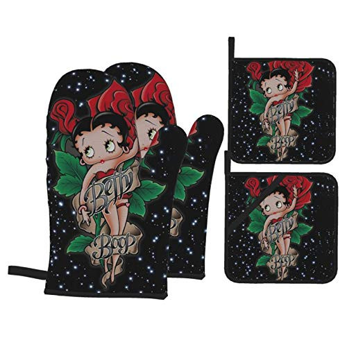 Betty Boop Oven Mitts Pot Holders 4pcs Set, Oven Mitts and Pot Holders, Non-Slip Textured,Flexible for Kitchen Cooking Baking Grilling Microwave