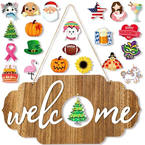 Interchangeable Seasonal Welcome Sign, Front Door Decor Rustic Wood Welcome Sign for Front Porch Holiday Halloween Thanksgiving Christmas Valentines Home Decoration, 15.74 x 7.87 Inch Hanging Outdoor
