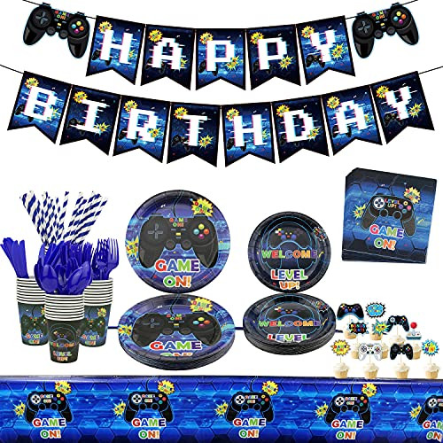 Video Game Party Supplies - Gamer Birthday Decoration Kit for Boys, Including HAPPY BIRTHDAY Banner, Plates, Cups, Napkins, Tableware, Tablecloths, for Kid Birthday Decoration - Serves 20