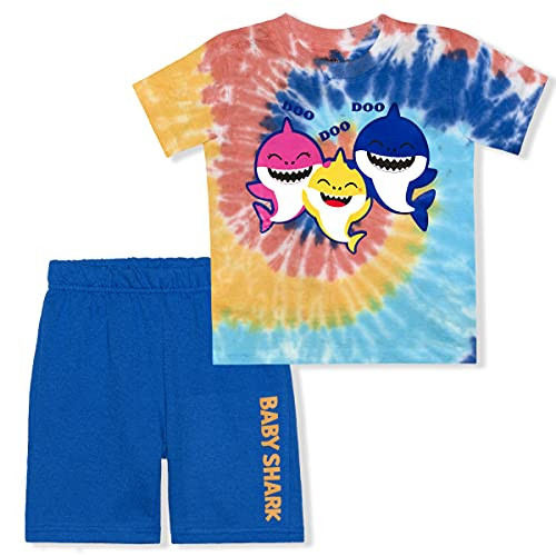 Nickelodeon Boy's 2 Pack Baby Shark Kids Short Sleeve Tee Shirt and Shorts Set, Tie Dyed, Blue, Size 2T