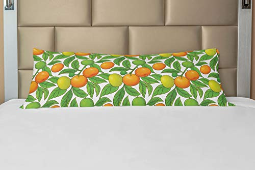 Ambesonne Fruits Body Pillow Case Cover with Zipper, Summer Season Vitamin Mandarin on Tree Branches Leaves Nature Farming Graphic, Decorative Accent Long Pillowcase, 21" x 54", Orange Lime Green