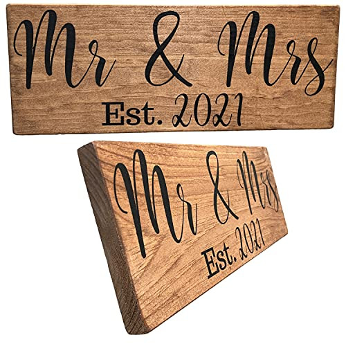 Let the Fun Begin Mr and Mrs Signs 2021 for Bridal Shower Gift, Couples His Hers Wedding Gifts, Engagement Present -Mr and Mrs 2021 Brown-