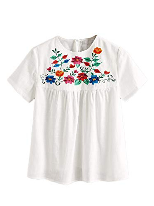 Floerns Women's Floral Embroidered Ruffle Sleeve Peplum Blouse Top White Floral Embroidered L