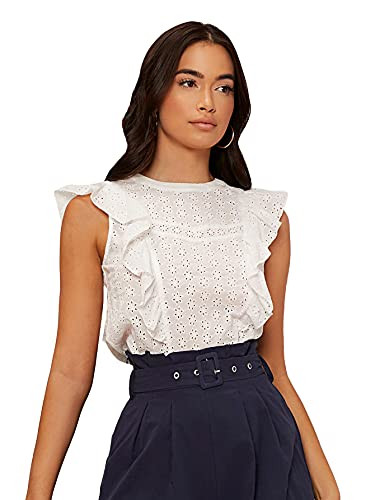 SheIn Women's Sleeveless Round Neck Ruffle Trim Eyelet Embroidery Blouse Tops White M