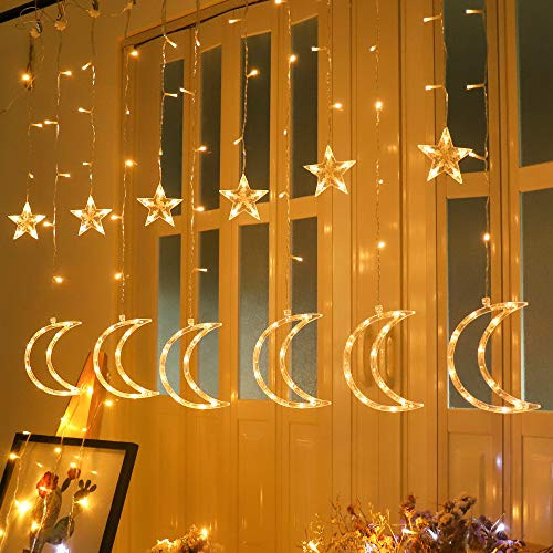 138 Led Curtain String Light Star Moon Icicle Light with 8 Lighting Modes Timer Remote USB Operated Dimmable Fairy String for Window Wall Home Decoration -Small Star-