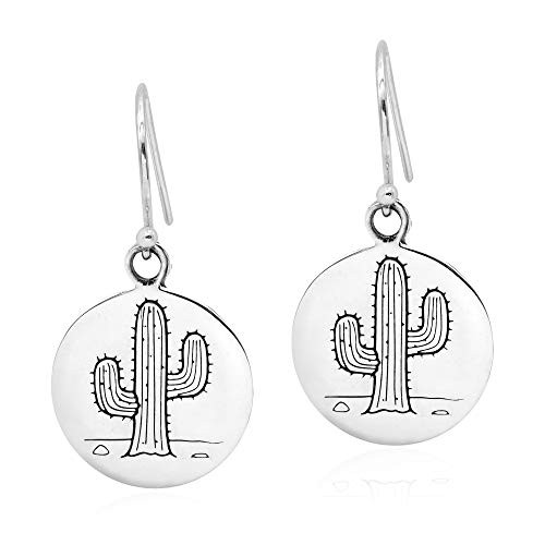 Fun and Stylish Desert Cactus Round Disc .925 Sterling Silver Dangle Earrings