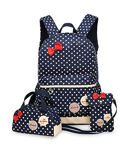 Fanci 3Pcs Polka Dot Bowknot Elementary Kids School Backpack Bookbag Set for Girls Princess Style Casual Daypack Dark blue