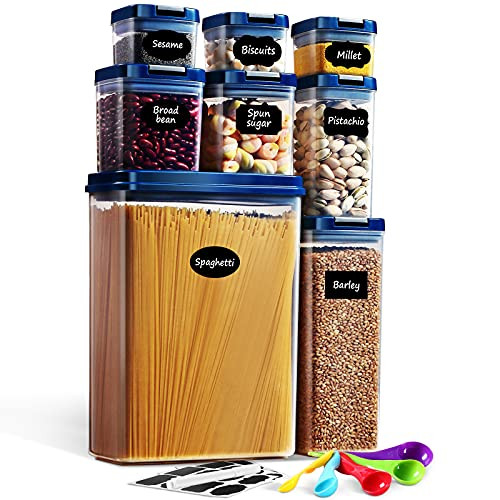 Food Storage Containers with Lids Airtight, Lockcoo 8PC BPA Free Cereal  and  Dry Food Storage Containers Set with Labels/Marker/Spoon Set, Kitchen Pantry Organization for Spaghetti Cereal Flour