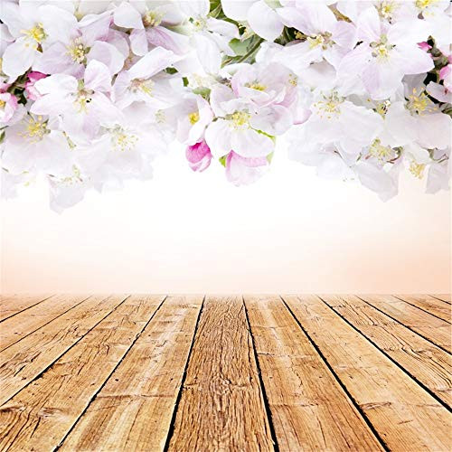 Laeacco 5x5ft Beautiful Flowers Decorations Rustic Wooden Floor Vinyl Photography Background Spring Scenic Backdrop Child Adult Bride Portrait Wedding Shoot Bridal Shower Landscape Studio Props