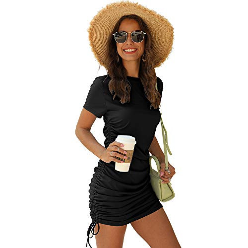 DYMADE Women's Bodycon Mini Dress Casual Round Neck Short Sleeve Ruched Stretchy T Shirt Dress Black